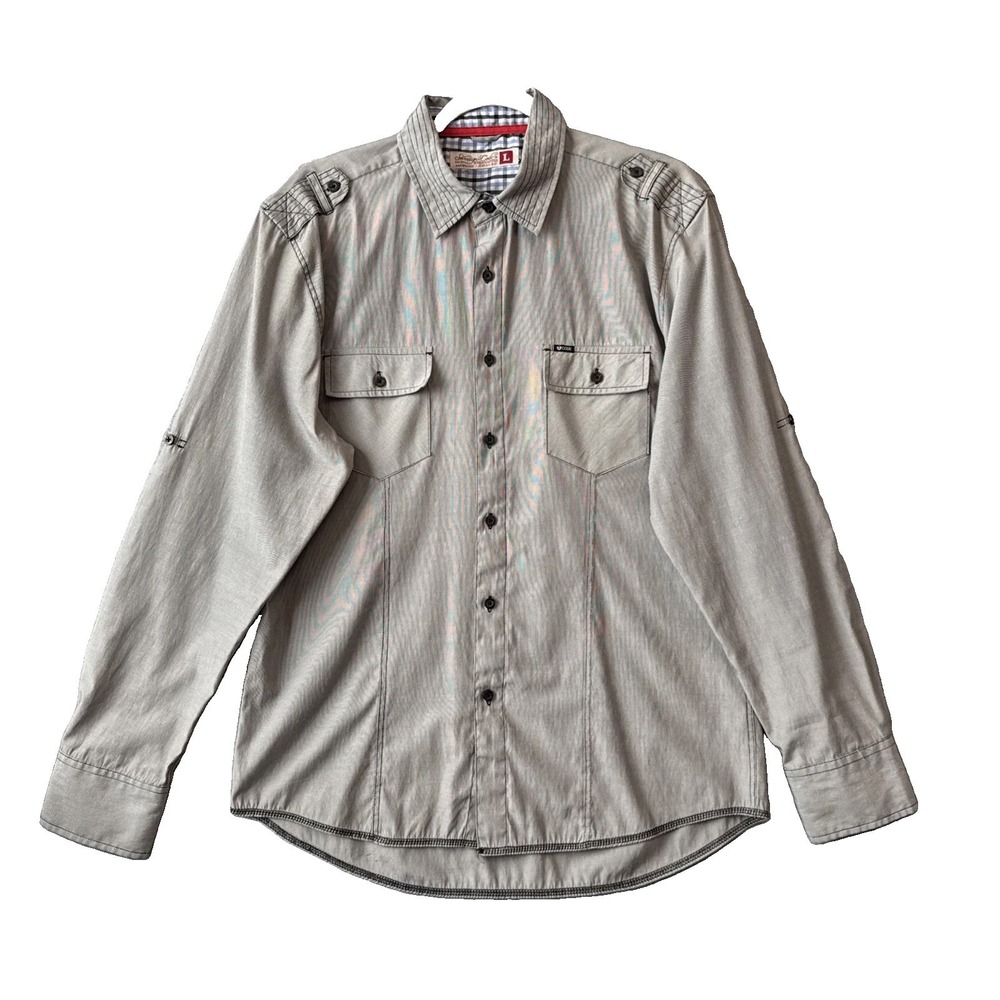 Sovereign Code Mens Lg Gray Military Utility Button Up Shirt Roll Tab Epaulet